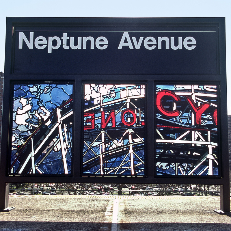 Looking Up, 2004, beveled glass, steel,12 panels, each 43 X 30 in, Neptune Avenue Subway Station, Brooklyn, NY