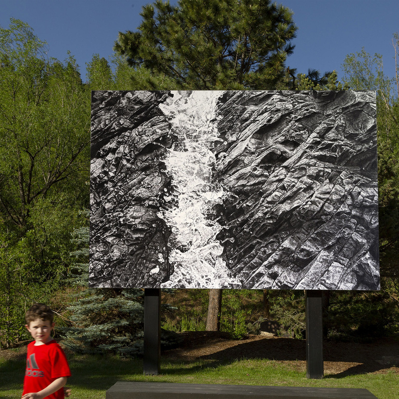 Meltwater-Green Box Arts, 2022, charcoal on paper transferred to a digital print, 10 X 16 ft, Green Mountain Falls, CO