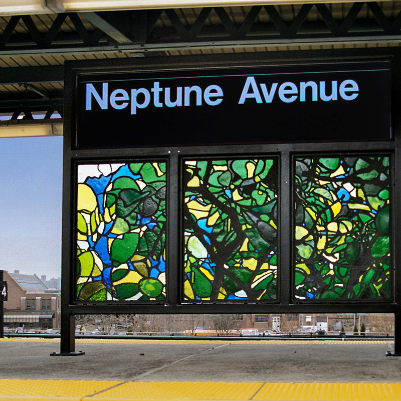 Looking Up, 2004, beveled glass, steel,12 panels, each 43 X 30 in, Neptune Avenue Subway Station, Brooklyn, NY